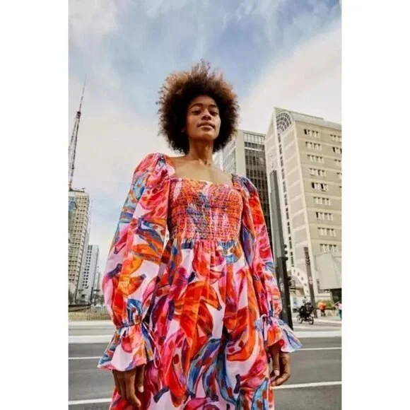 FARM Rio Maxi Dress L Coloured Bananas Puff Sleeves Smocked Tropical - Picture 2 of 15